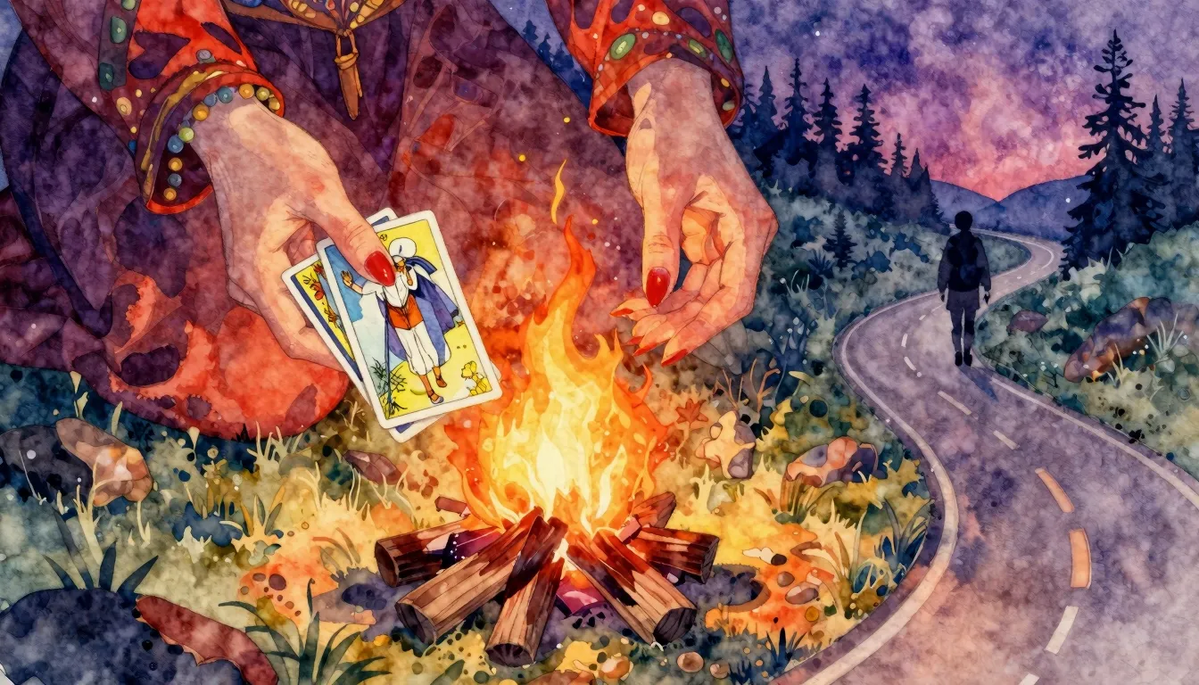 Vibrant watercolor style. Folk album cover: mystical fortune...