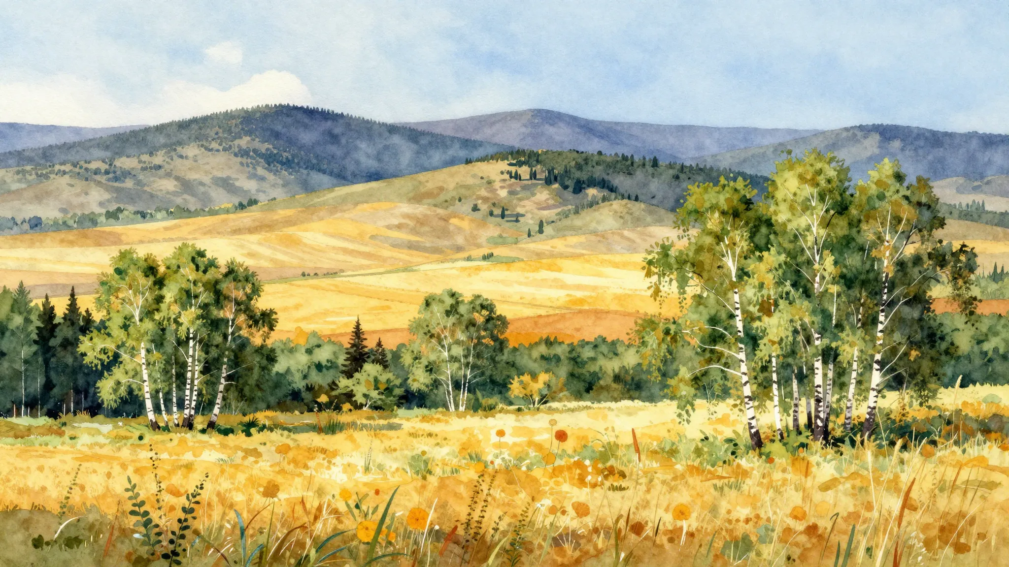 Vibrant watercolor style. Folk song album cover: vast Russia...