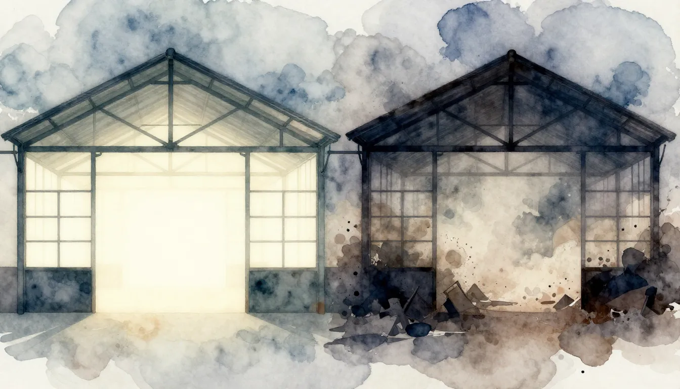 Watercolor style. A split composition showing a glowing, nea...