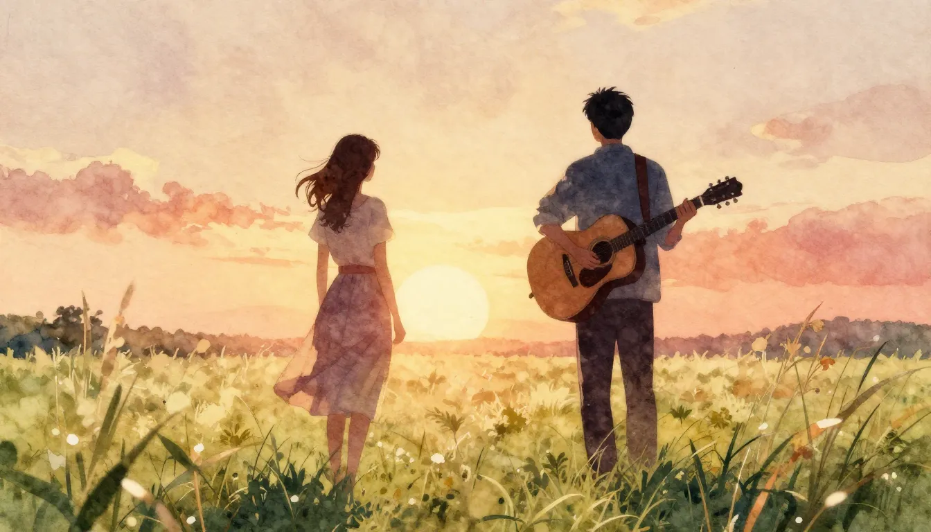 Watercolor style. A nostalgic silhouette of a man with a gui...