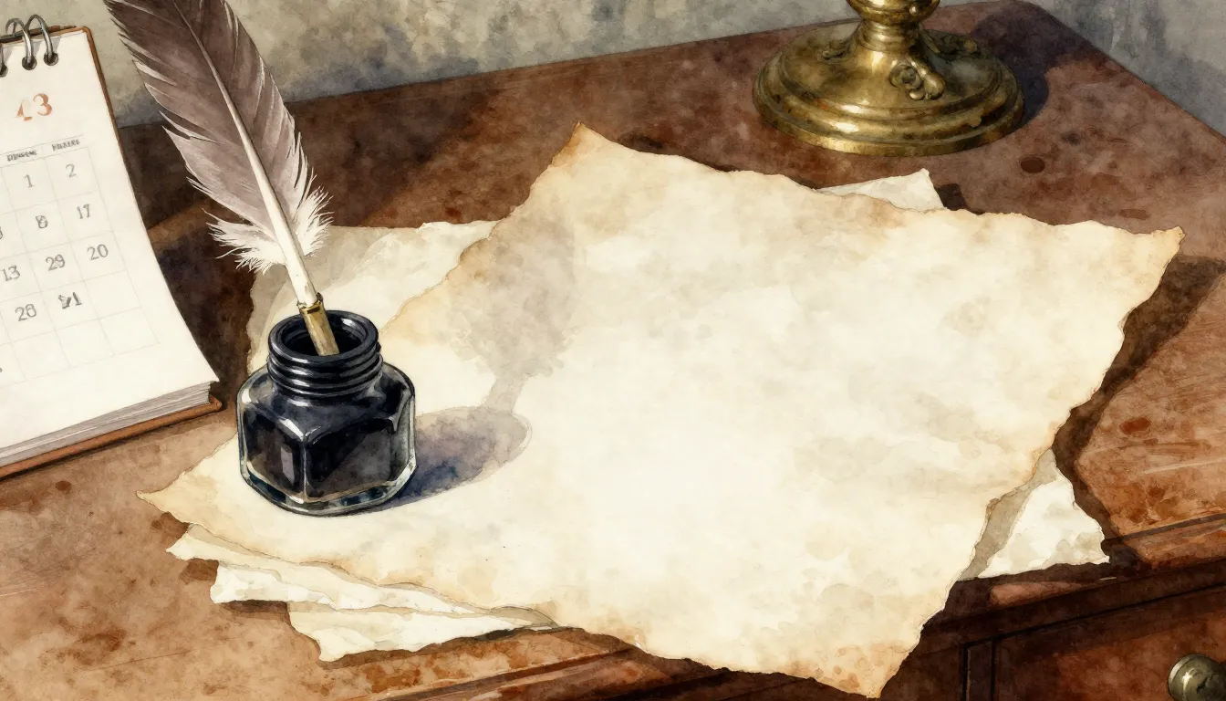 Watercolor style. A vintage desk with an old inkwell, a quil...