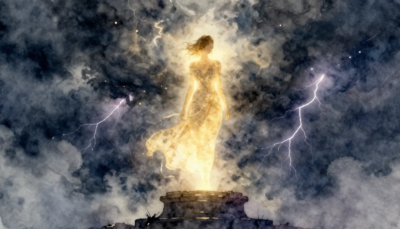 Watercolor style. Ethereal silhouette of a woman glowing wit...