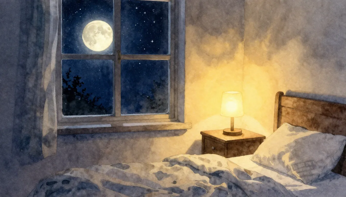 Watercolor style. A cozy room at night, a window showing a s...