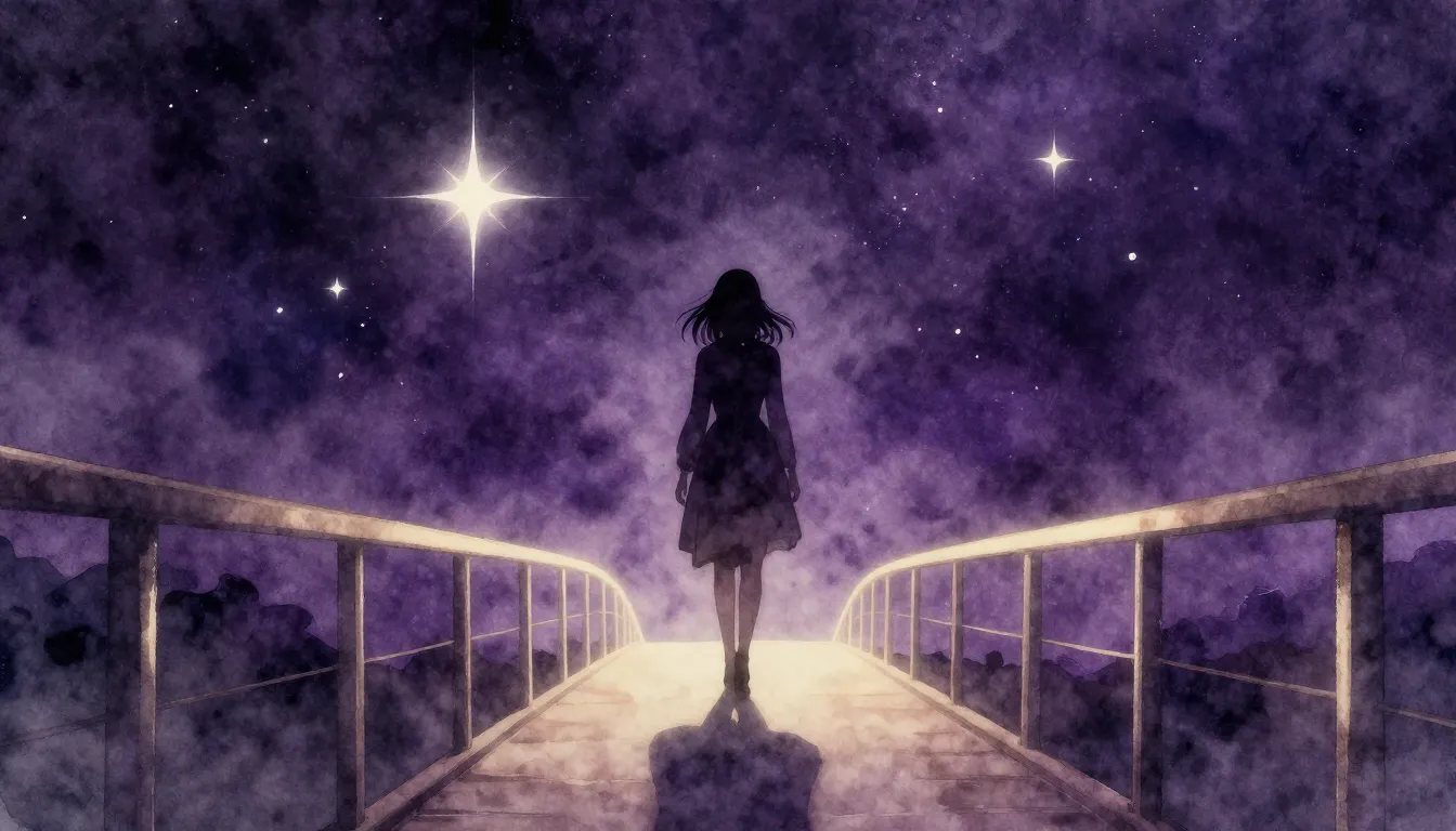 Watercolor style. A dark silhouette of a woman standing on a...