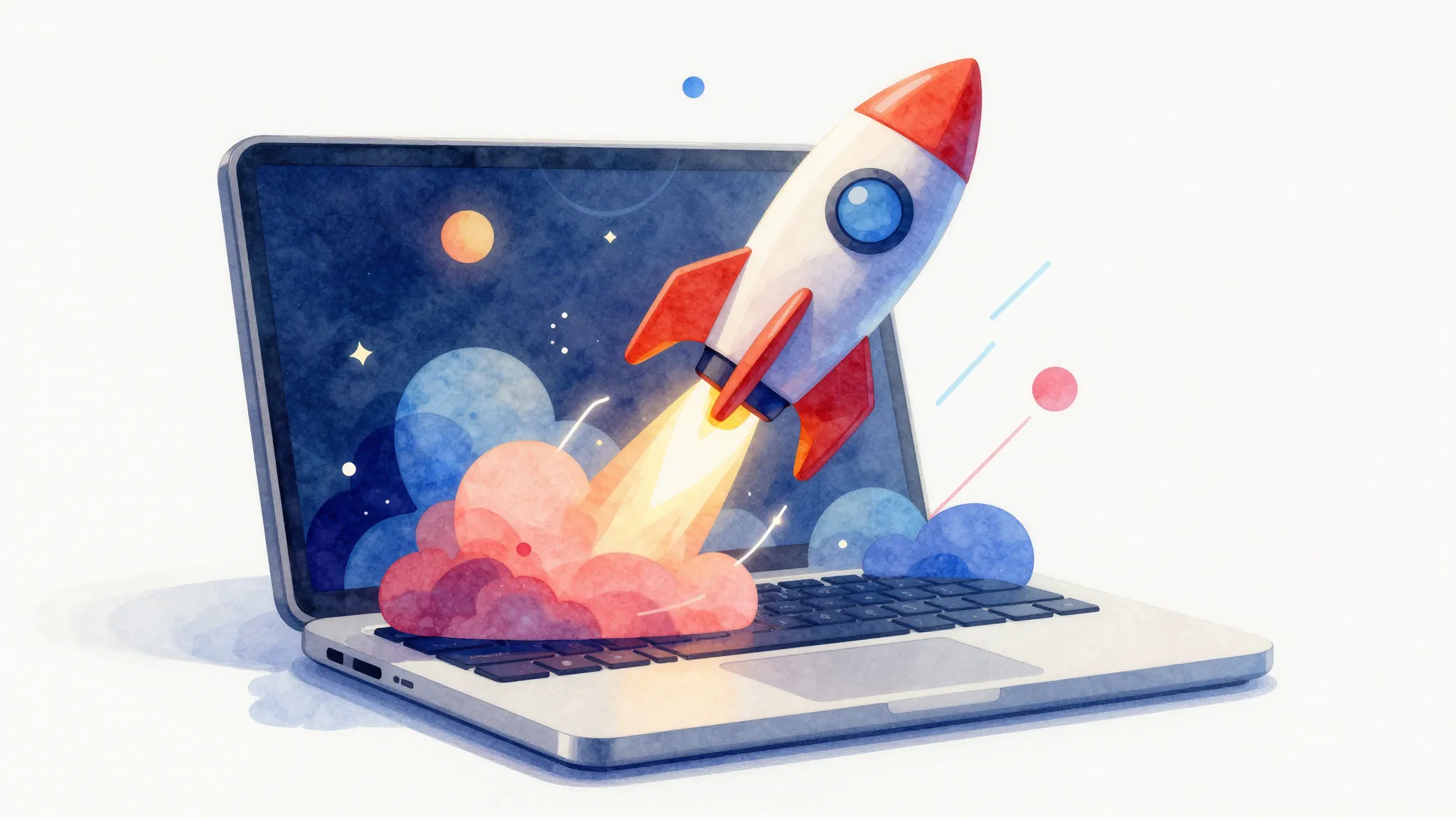 Watercolor style. Abstract 3D composition of a rocket taking...