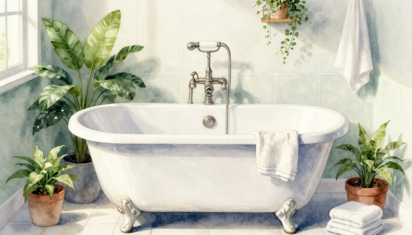 Watercolor style. A bright, sunlit bathroom with a beautiful...