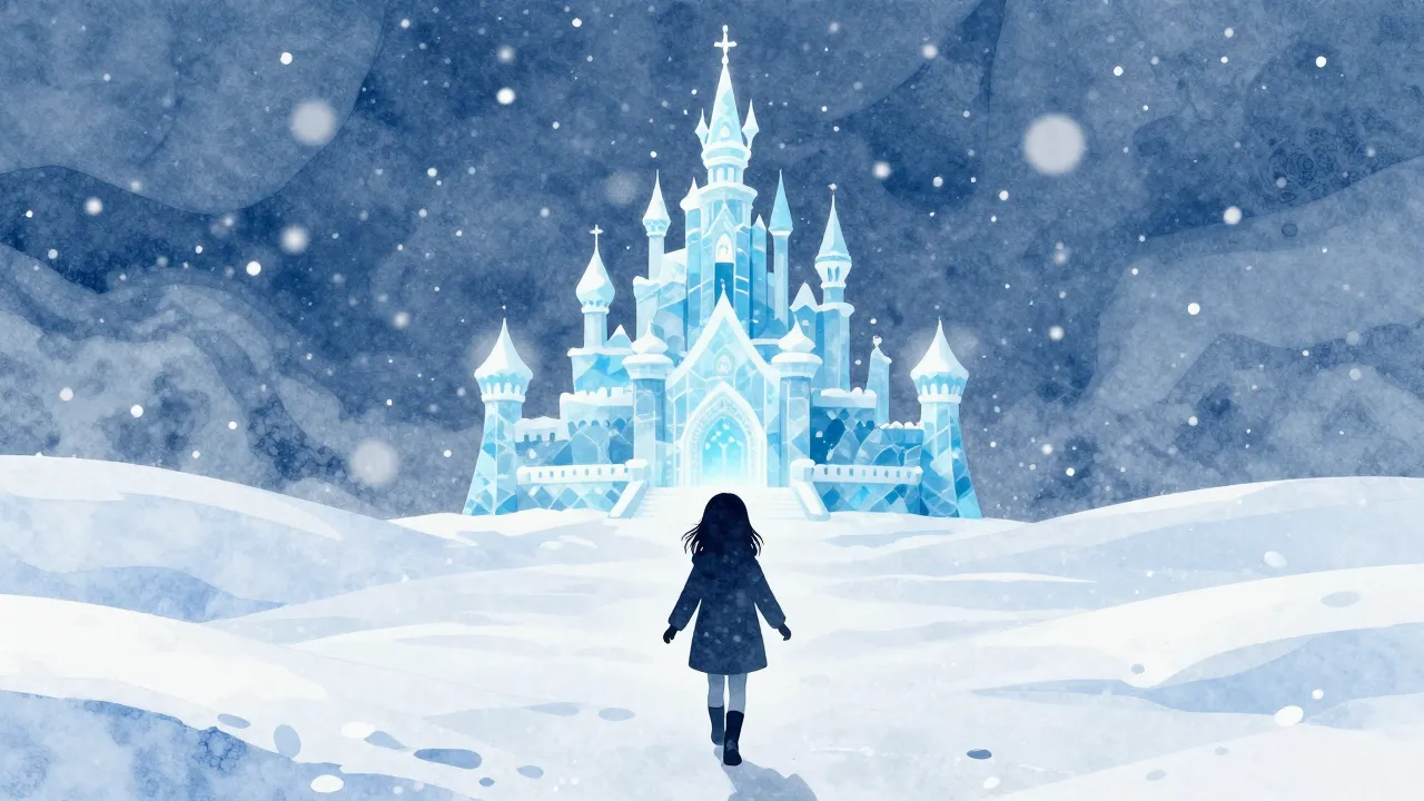 Watercolor style. A tiny silhouette of a little girl walking...