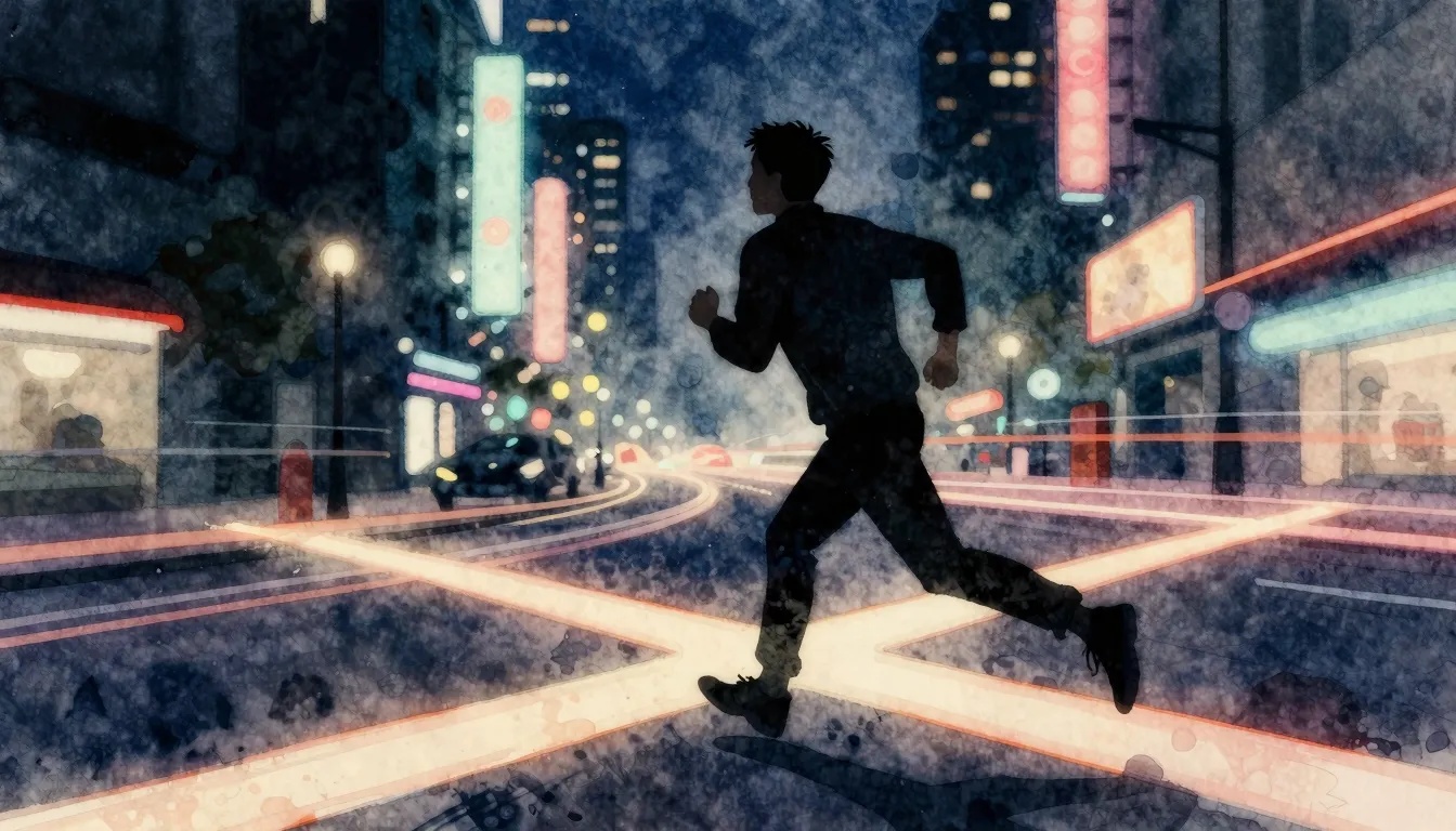 Watercolor style. A dark silhouette of a person running thro...