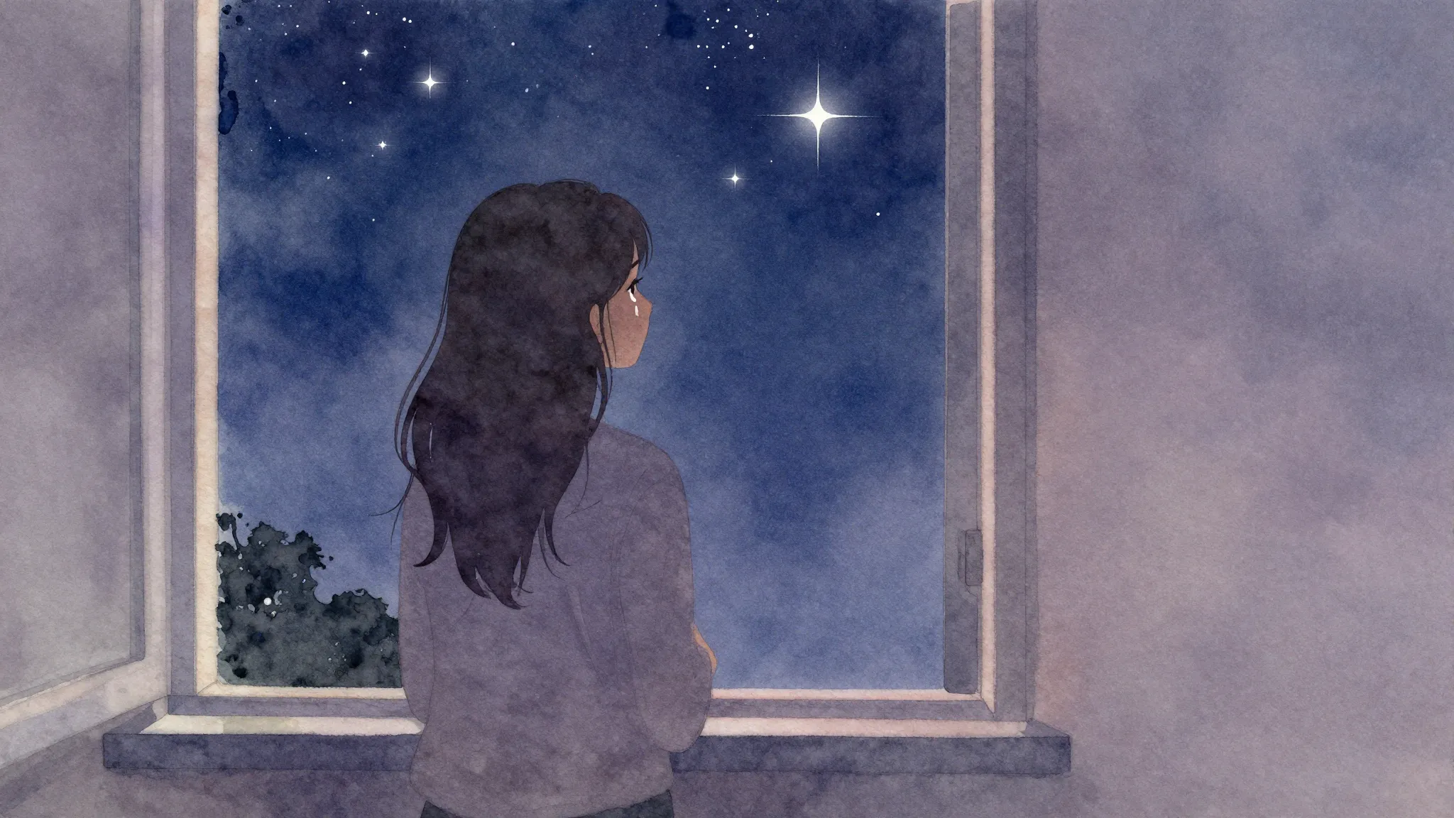 Vibrant watercolor style. A mother's silhouette, looking out...