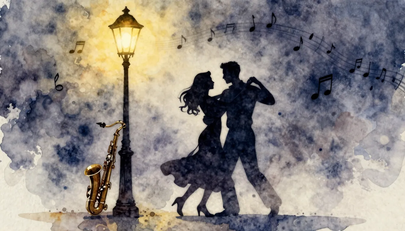 Watercolor style. A silhouette of a couple dancing under a s...
