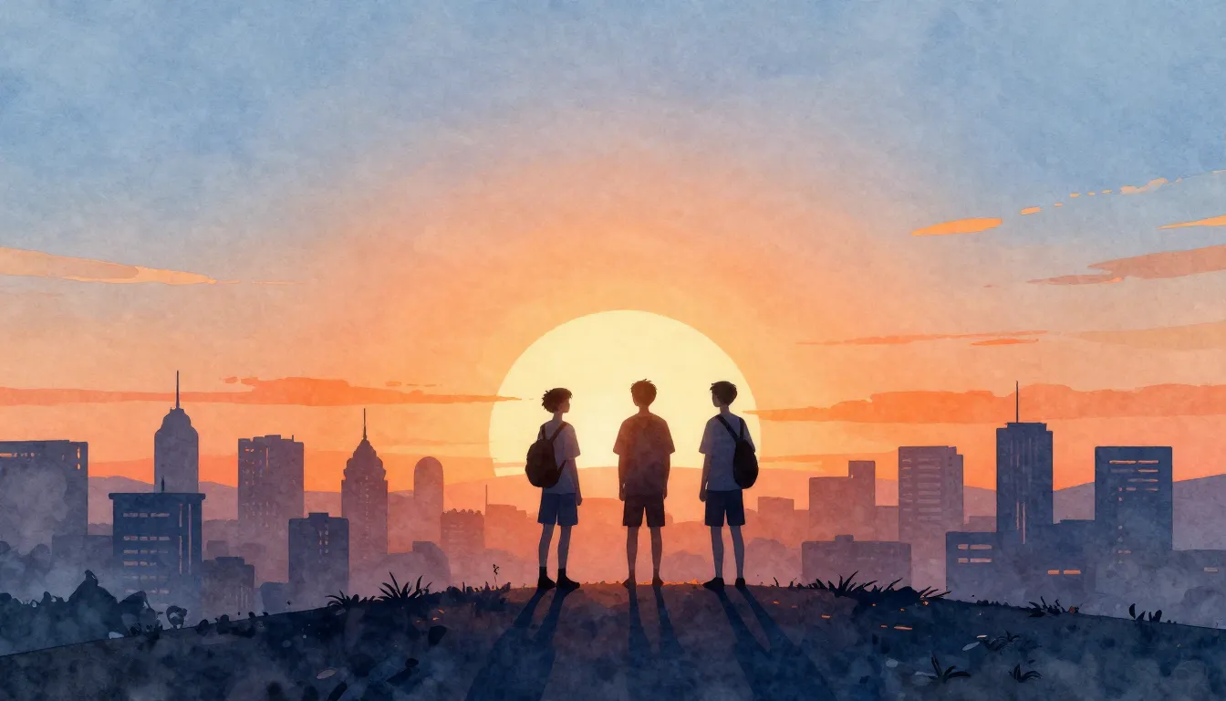 Watercolor style. Silhouettes of teenagers standing on a hig...