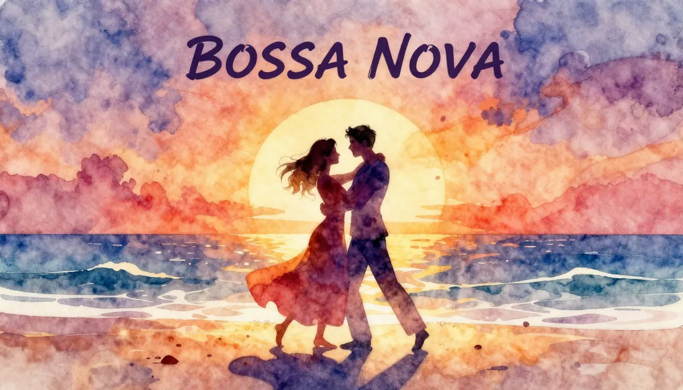 Vibrant watercolor style. Bossa nova album cover, romantic, ...
