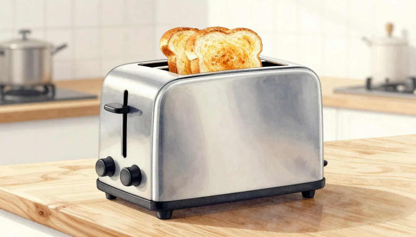 Watercolor style. Modern minimalist chrome toaster on a wood...