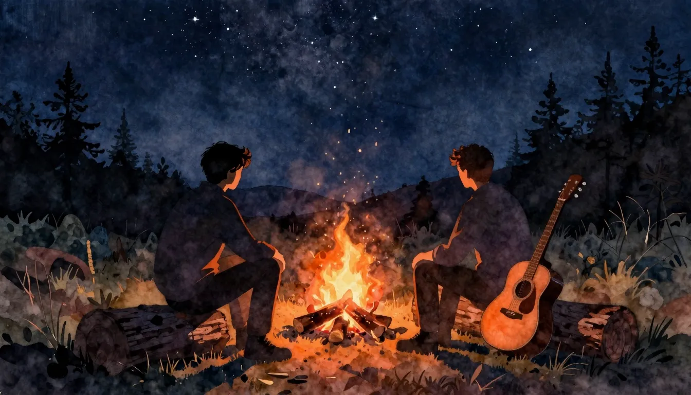 Watercolor style. Silhouette of two men sitting by a campfir...
