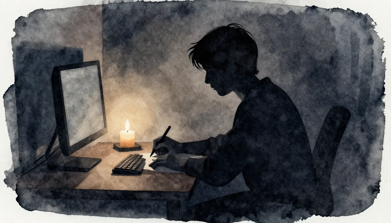 Watercolor style. Silhouette of a person at a desk, writing ...