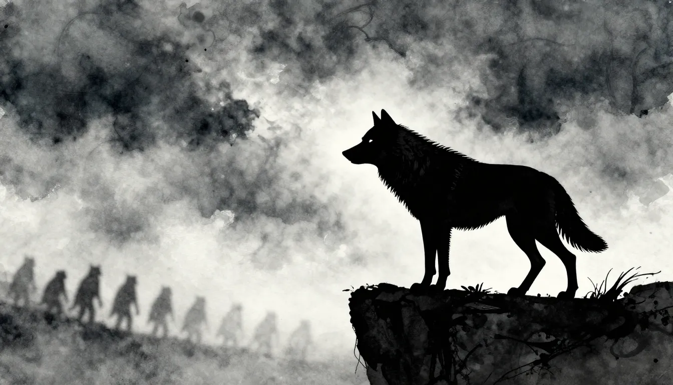 Watercolor style. A silhouette of a strong lone wolf standin...