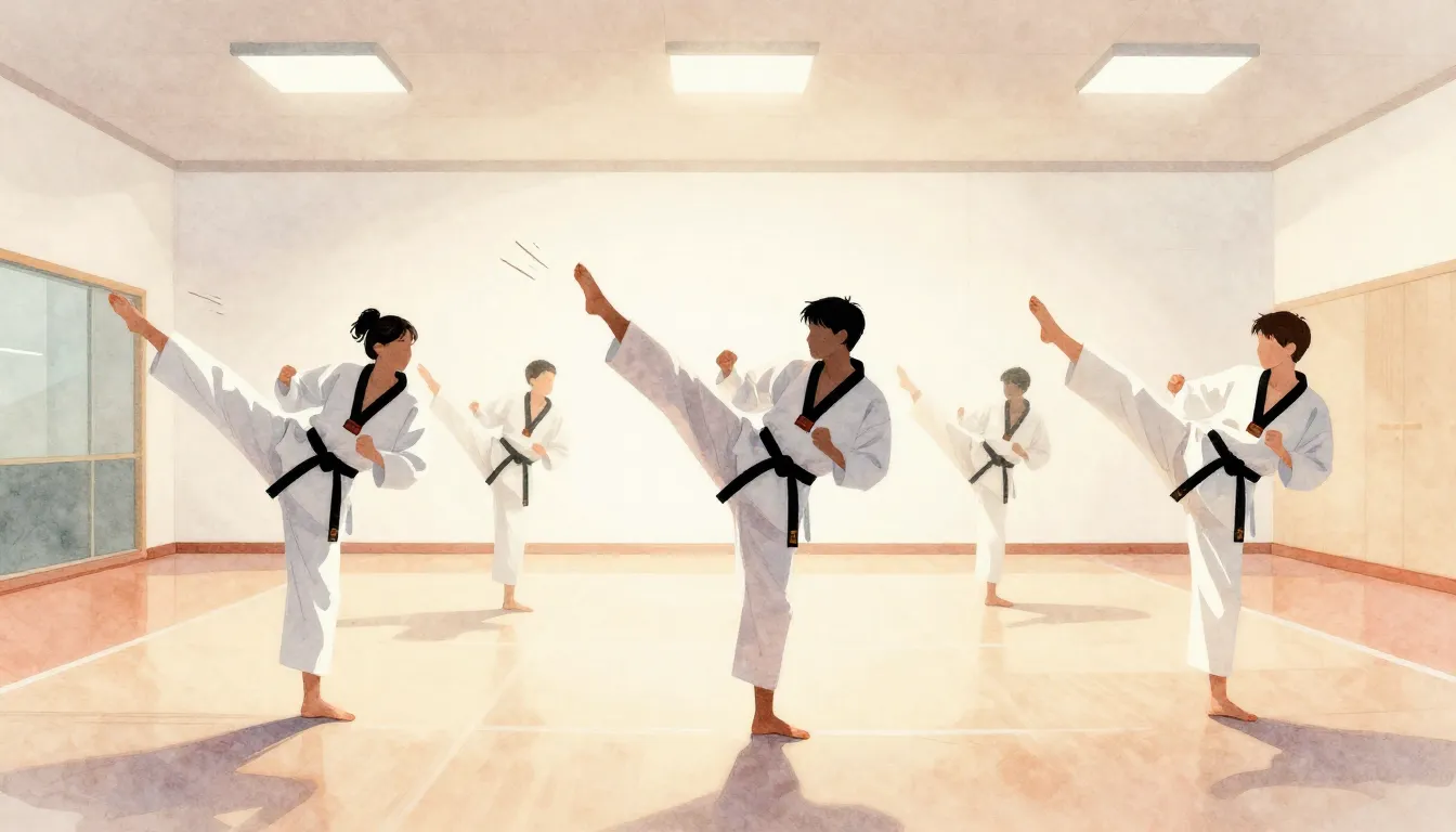 Watercolor style. Minimalist illustration of a taekwondo gym...