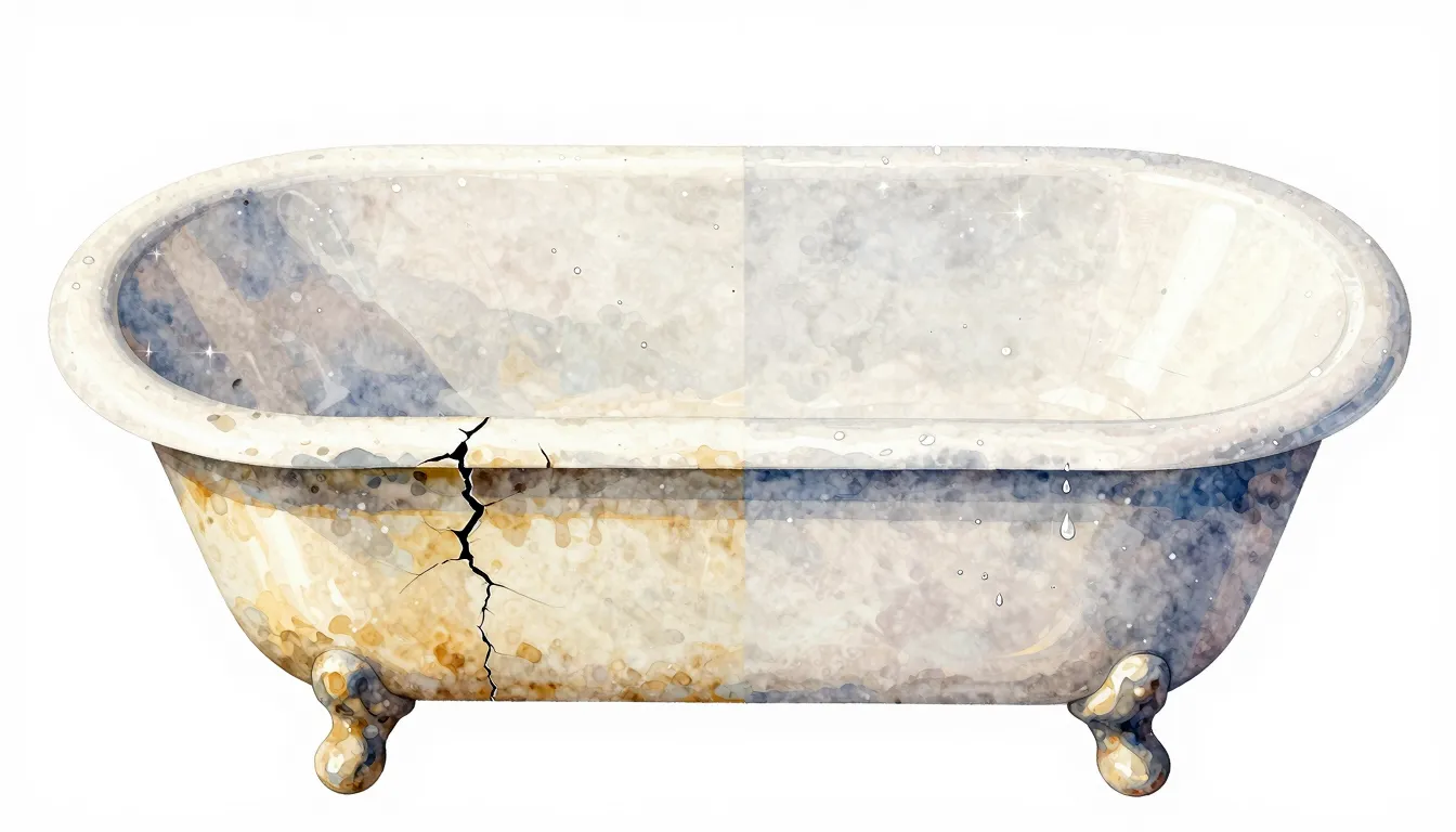 Watercolor style. A split image of a bathtub. One half is ol...