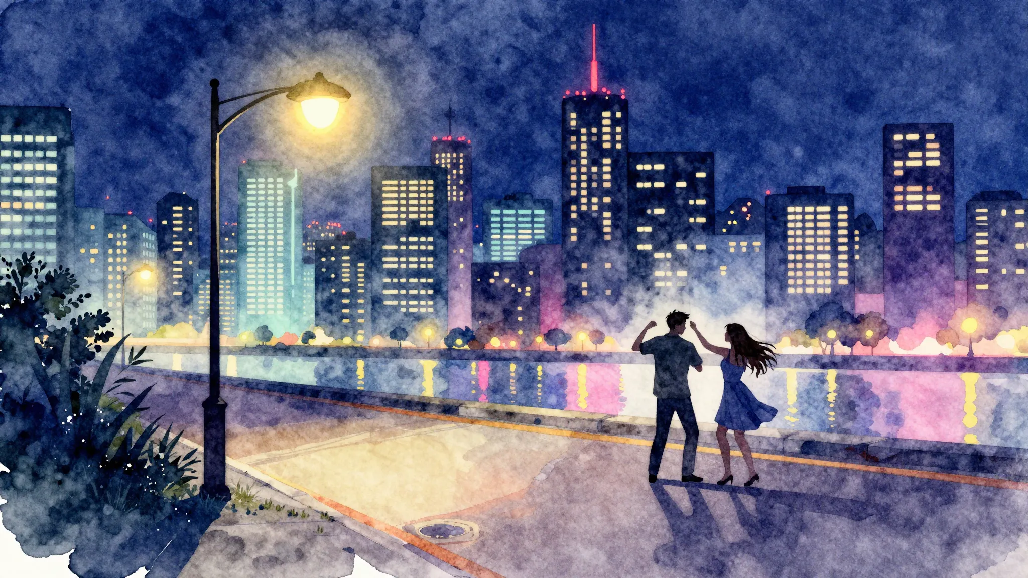 Watercolor style. A bright neon city skyline at night, glowi...