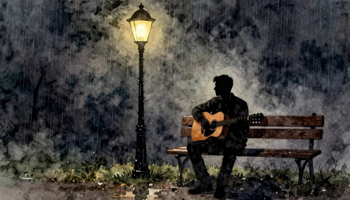 Watercolor style. A silhouette of a man with an acoustic gui...