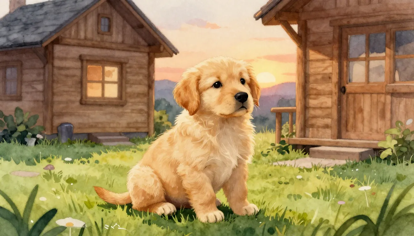 Watercolor style. A small golden puppy sitting on a green la...