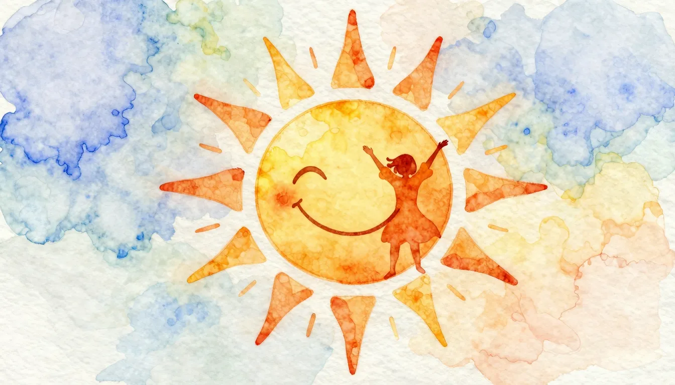 Watercolor style. A stylized, radiant sun with a big, happy ...