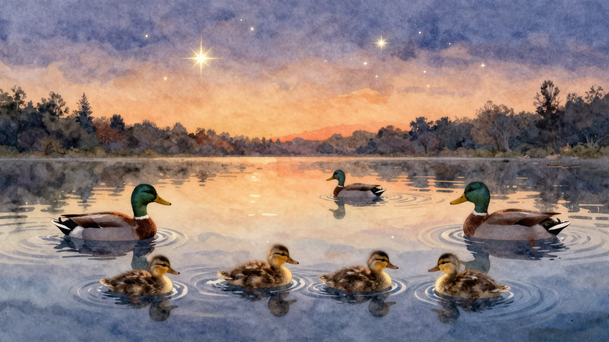 Watercolor style. A peaceful summer evening pond with silhou...