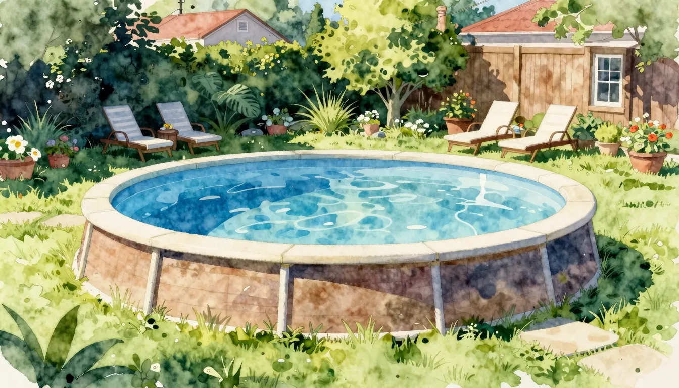 Watercolor style. A cozy backyard with a large round frame p...
