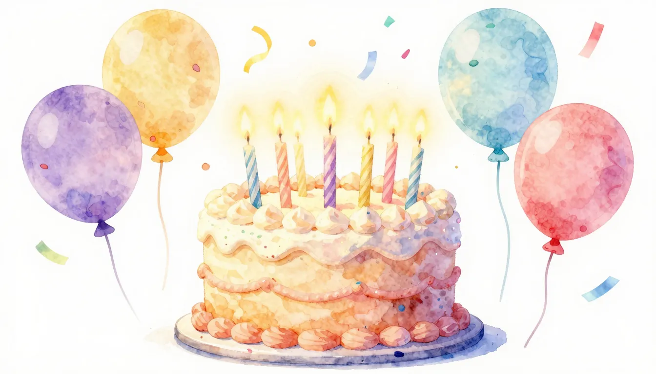 Watercolor style. A bright birthday cake with glowing candle...