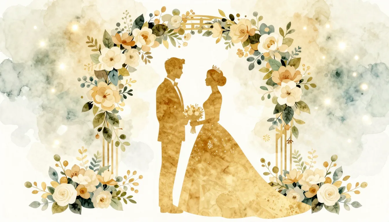 Watercolor style. Golden silhouettes of a bride and groom st...
