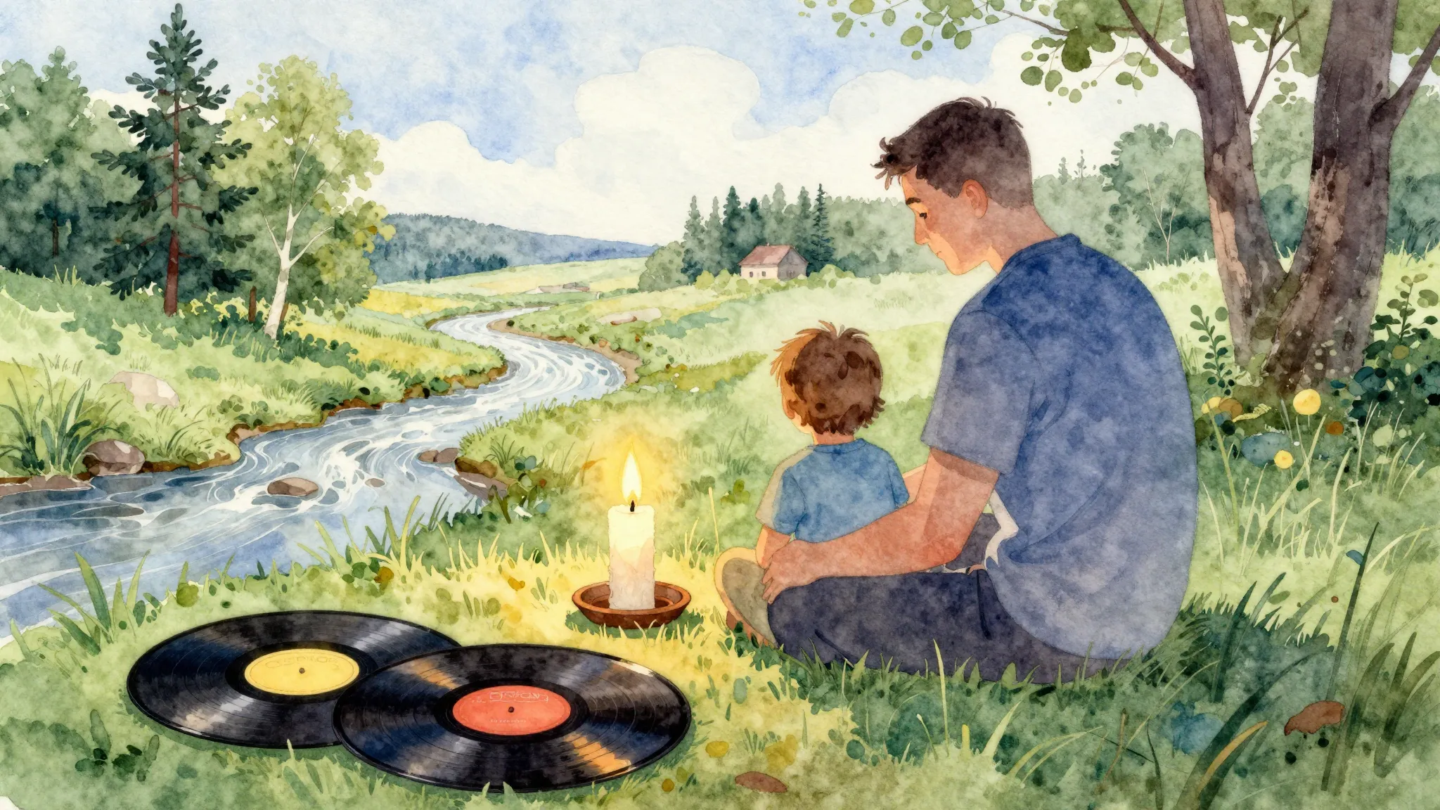 Vibrant watercolor style. A cozy, heartwarming album cover f...