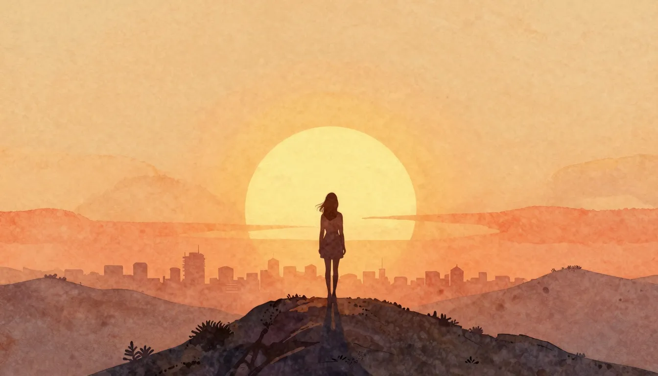 Watercolor style. A silhouette of a woman standing on a moun...