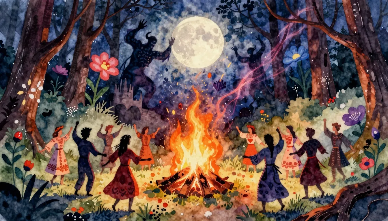 Vibrant watercolor style. Slavic folk album cover, vibrant s...