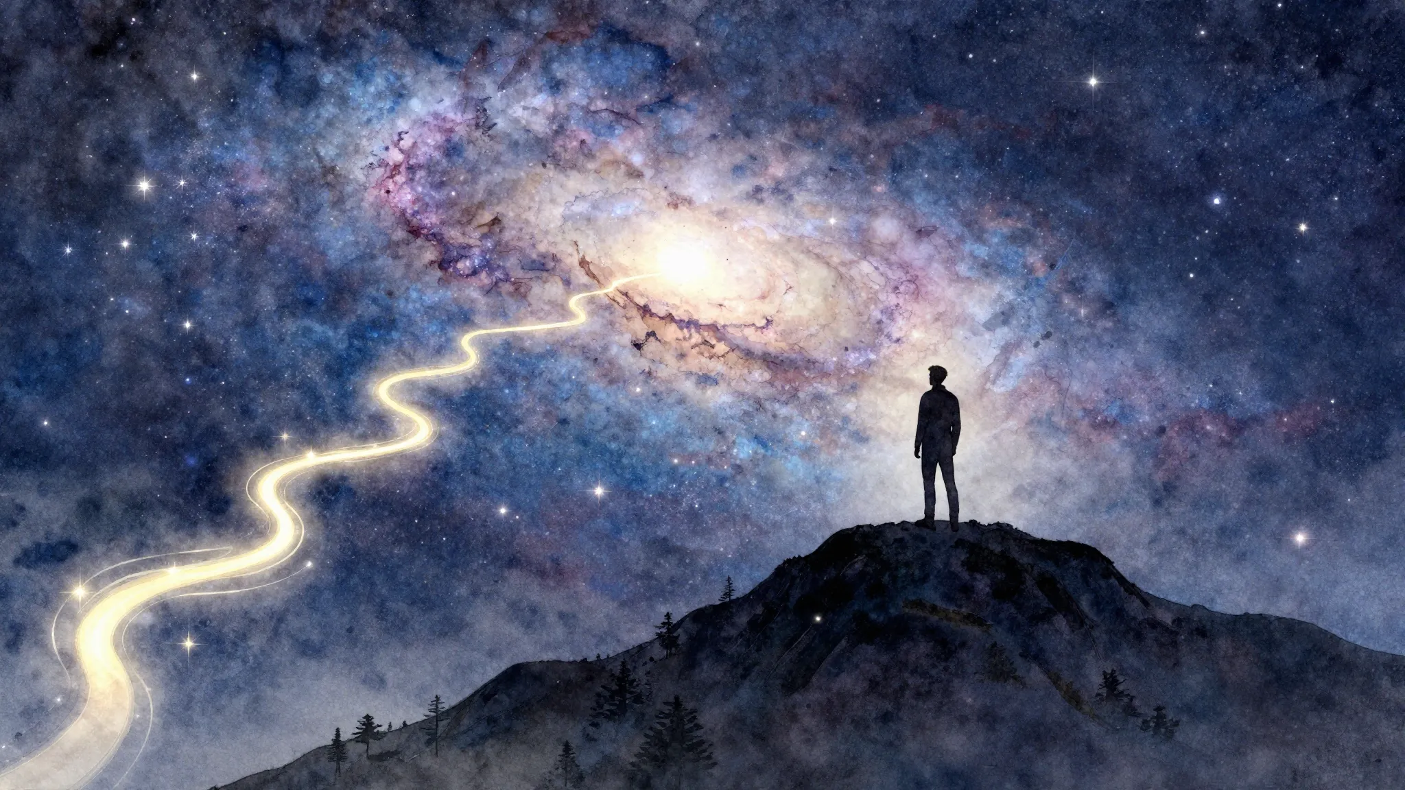 Watercolor style. A single silhouette stands on a mountain p...