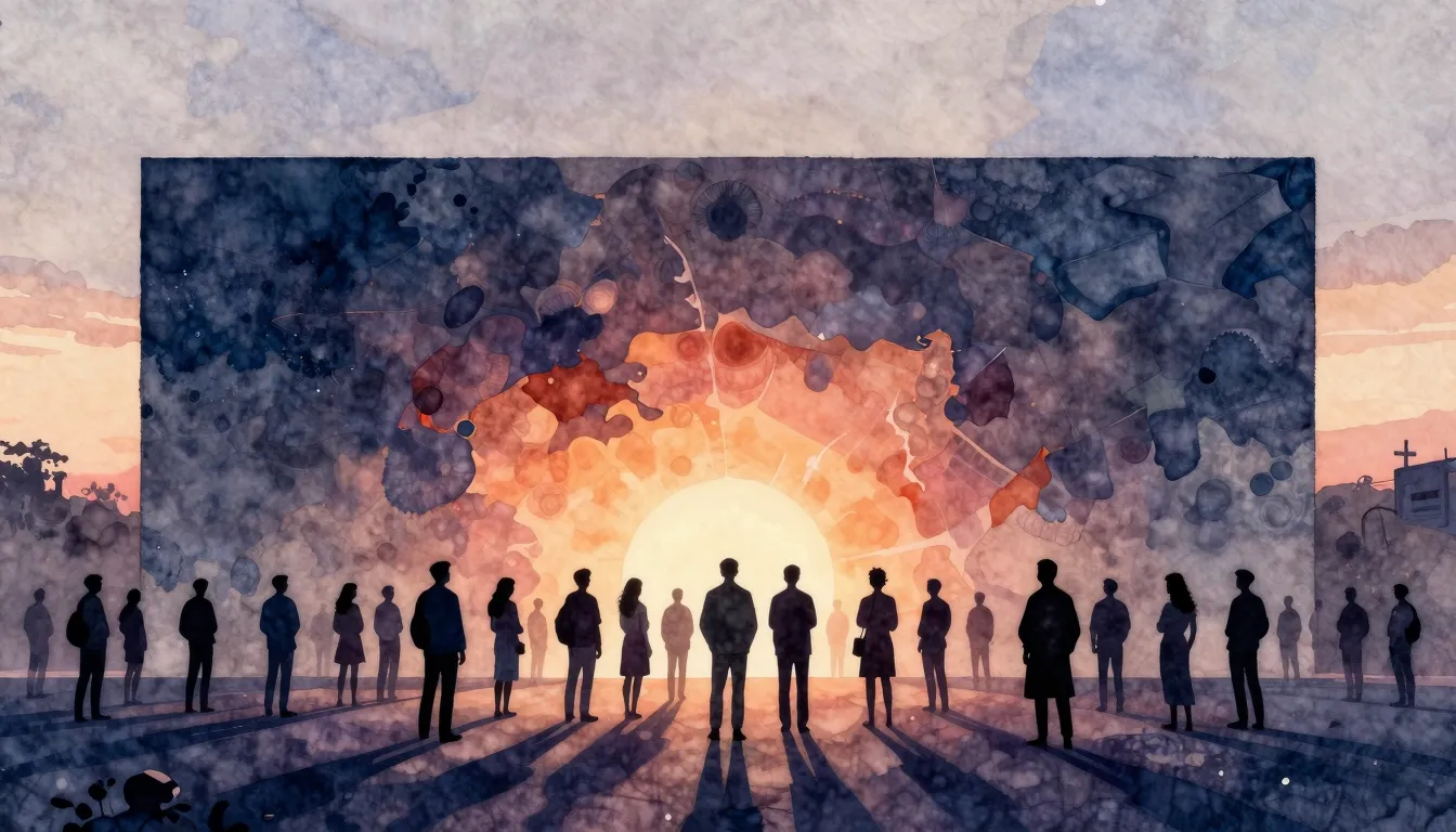 Watercolor style. Silhouettes of a peaceful crowd standing i...