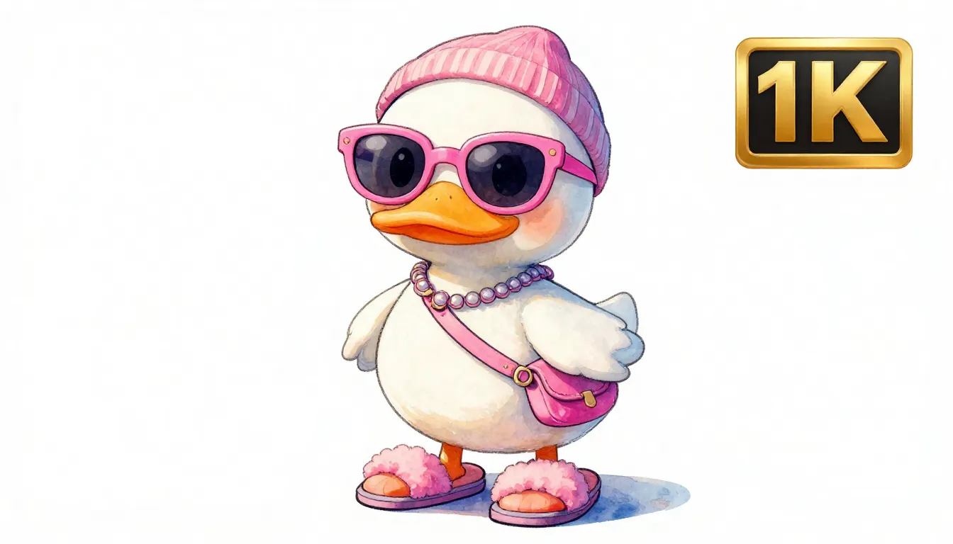 Watercolor style. Cool anime duck, pink sunglasses, fluffy s...
