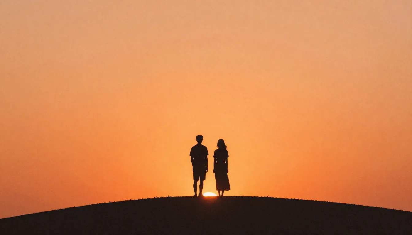 Watercolor style. A silhouette of a couple standing on a hil...