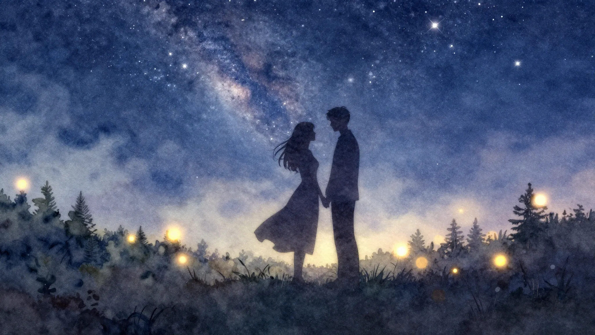 Watercolor style. A romantic silhouette of a couple standing...