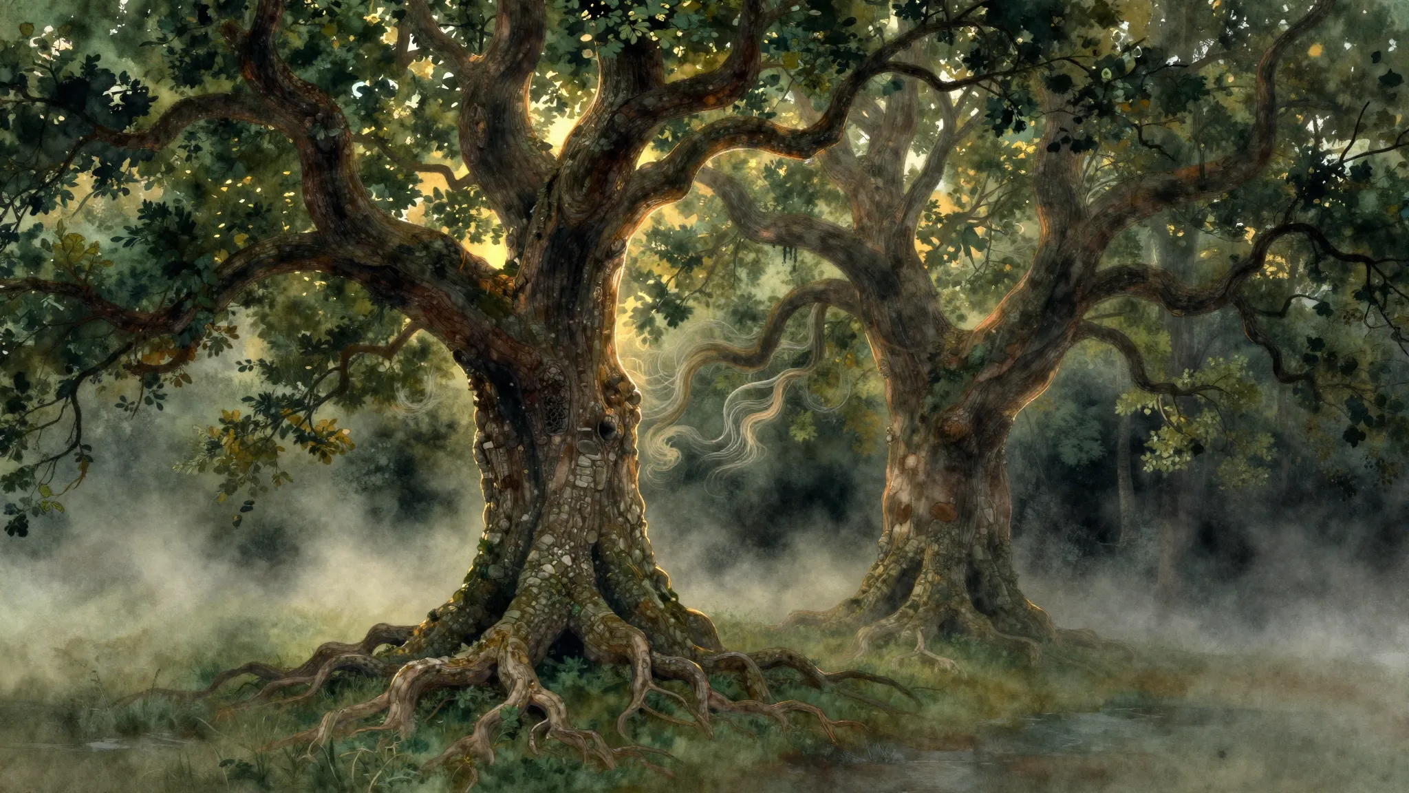 Vibrant watercolor style. A dark, misty forest at twilight. ...