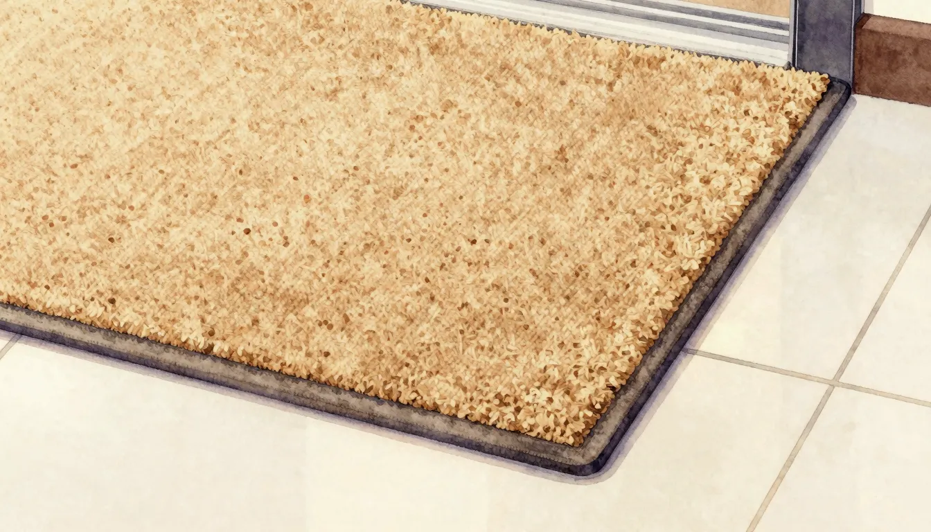 Watercolor style. Close-up shot of the corner of a beige doo...