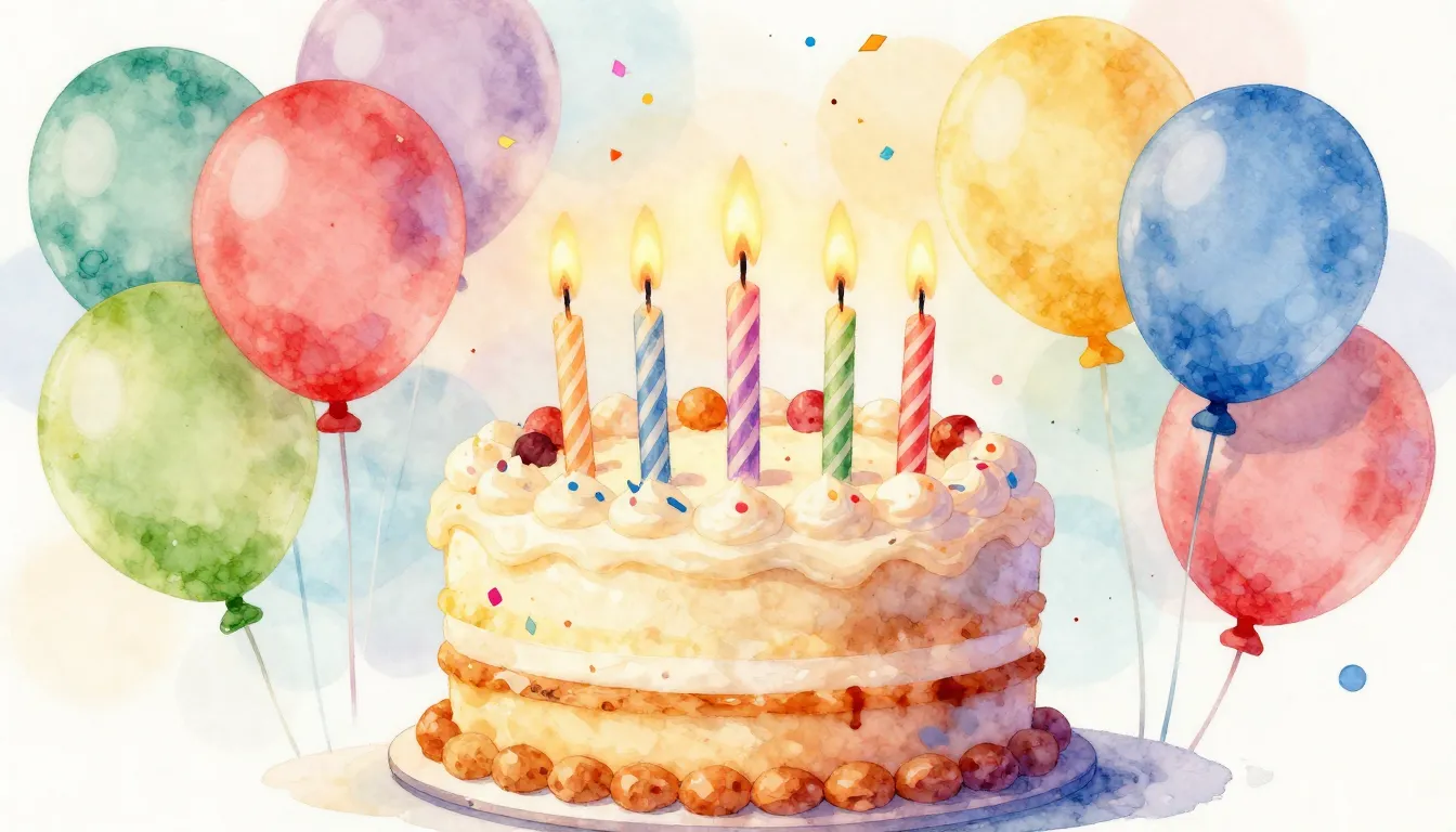 Watercolor style. A festive birthday cake with burning candl...