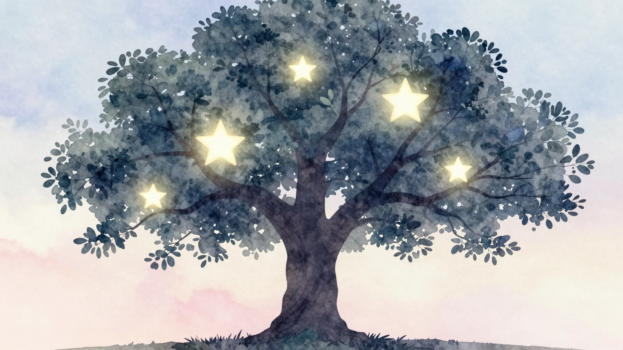 Watercolor style. Silhouette of a large tree with four glowi...