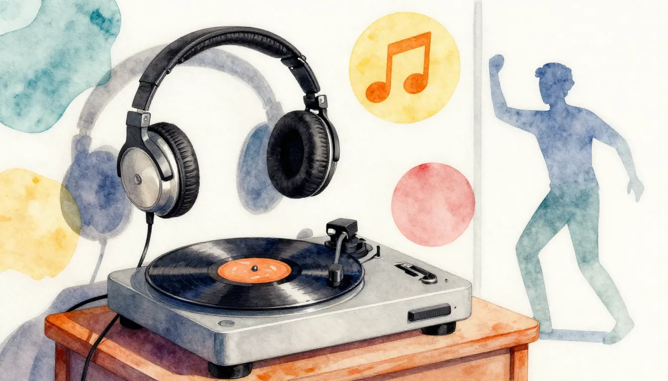 Watercolor style. A cozy room with a vinyl player, large hea...