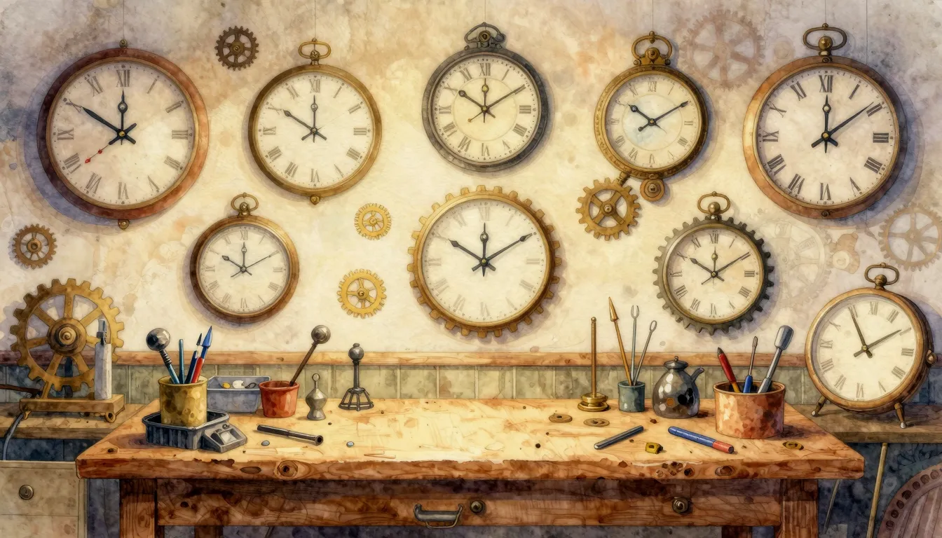 Watercolor style. A cozy artisan workshop with unusual surre...