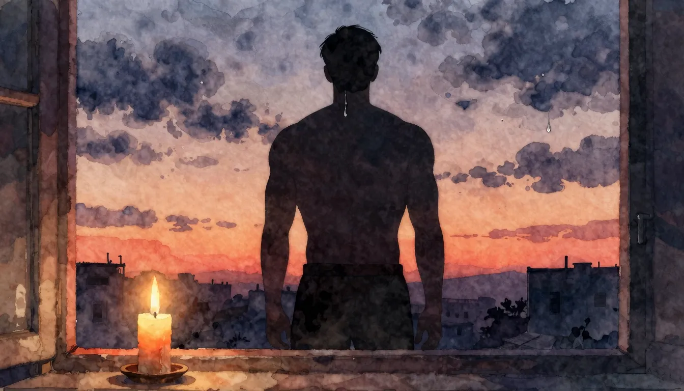 Watercolor style. A silhouette of a strong man stands agains...
