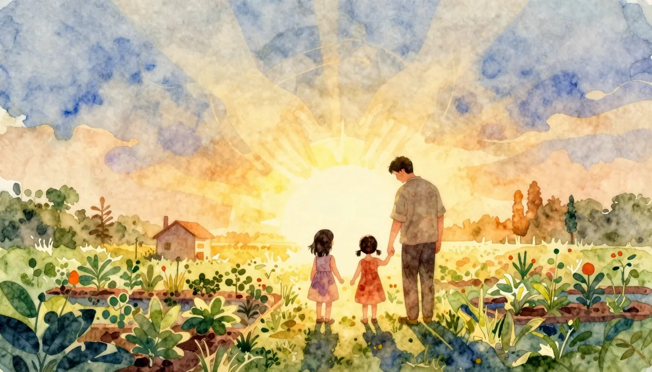 Vibrant watercolor style. A heartwarming, nostalgic, and sli...
