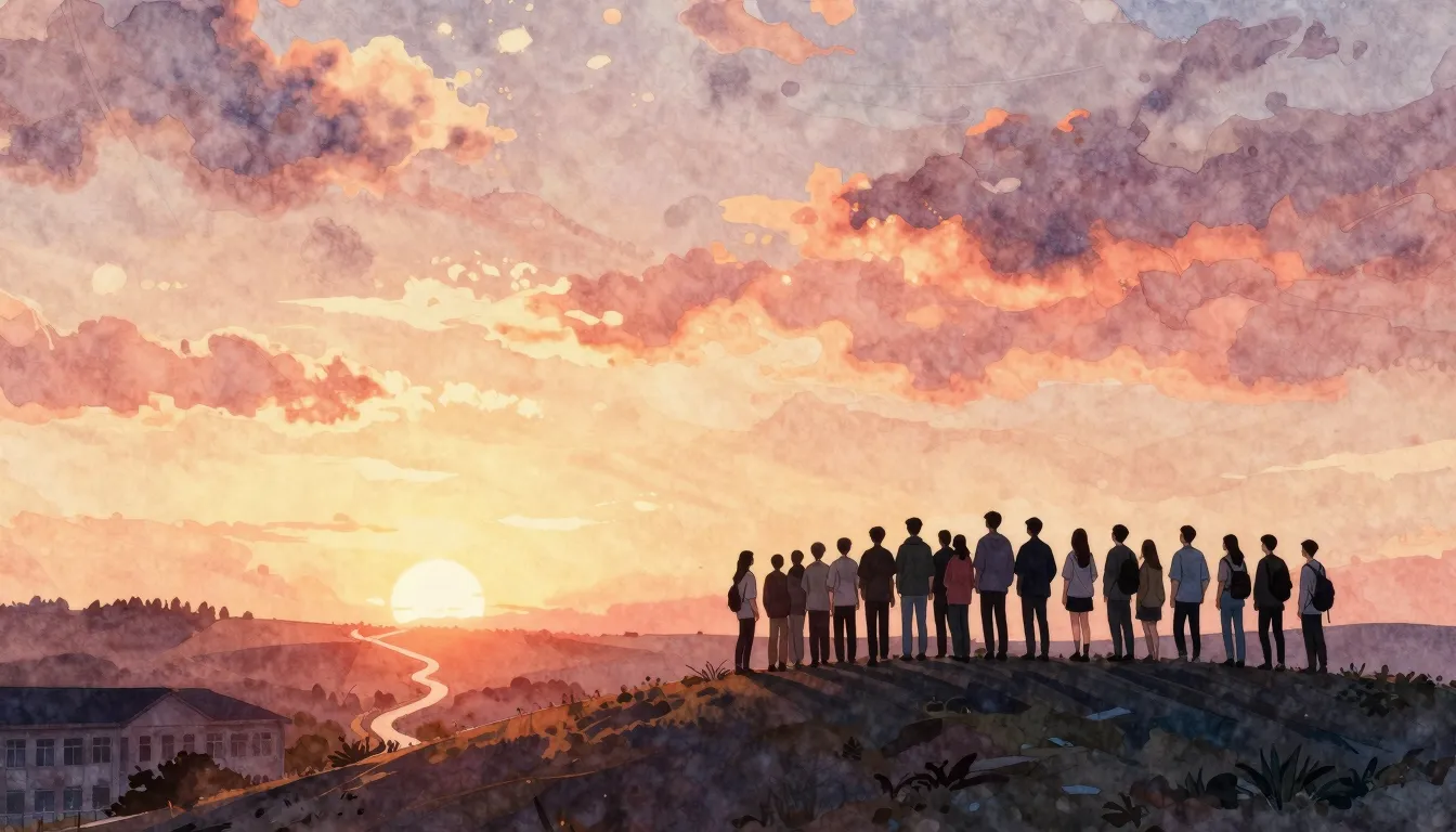 Watercolor style. A silhouette of a group of 25 young people...