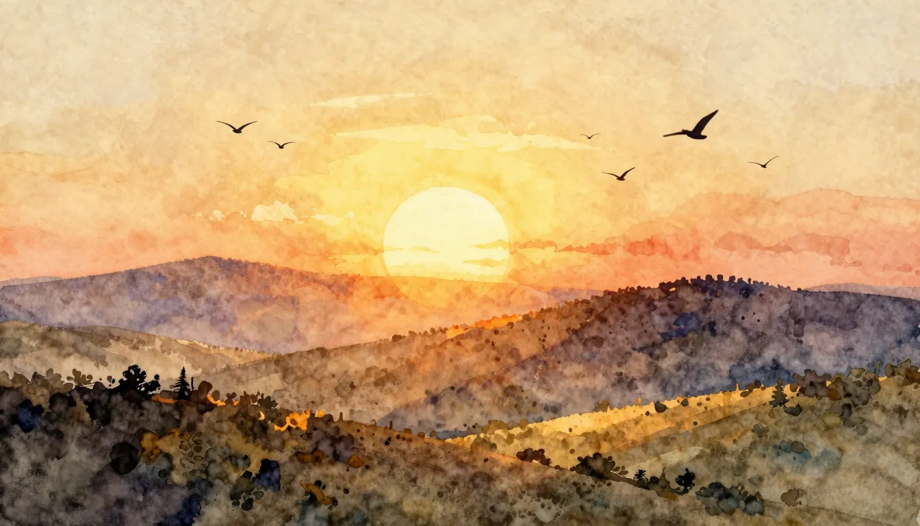 Watercolor style. A radiant sun rising over a serene landsca...