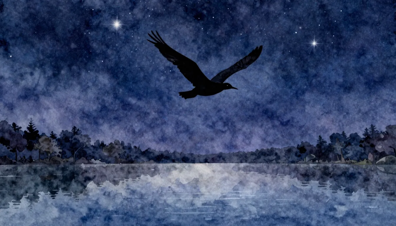 Watercolor style. A serene landscape with a silhouette of a ...