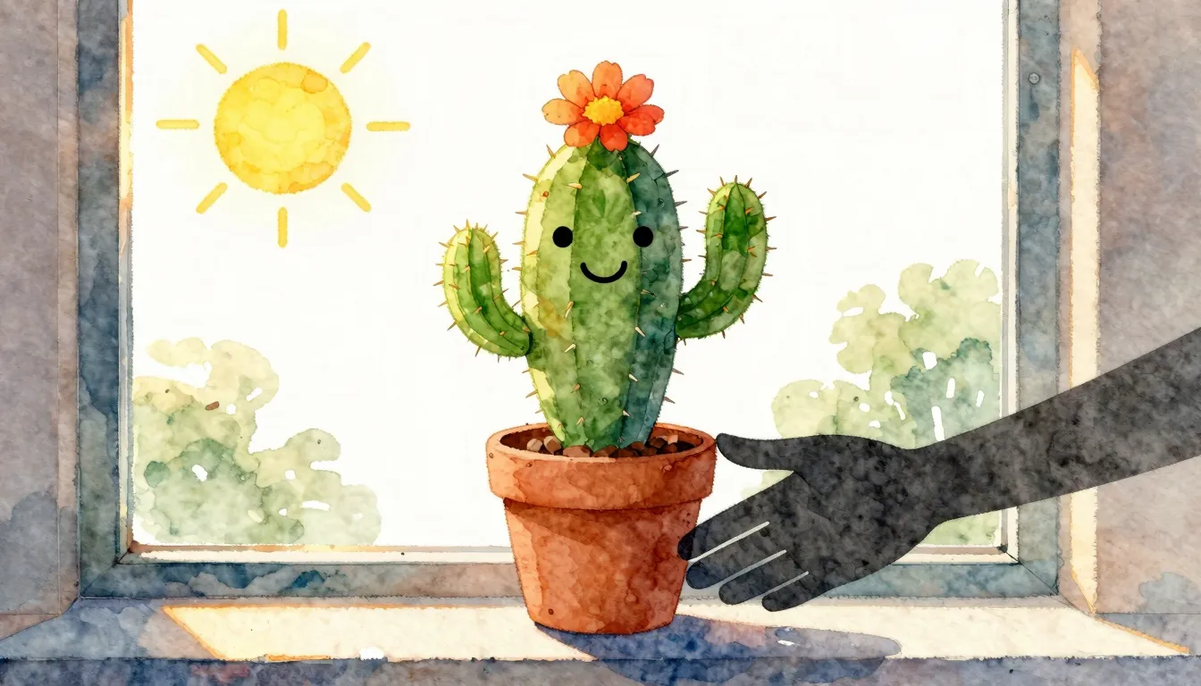 Watercolor style. A funny cartoon cactus with a single brigh...